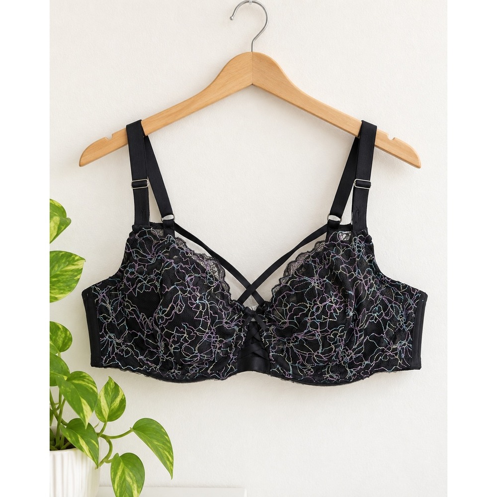 Cacique Strappy Rainbow Lace Unlined Balconette Bra Black 42C Underwire Cage